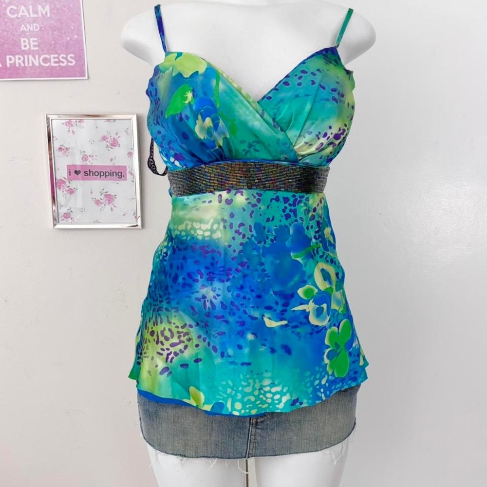 Y2K Satin Beaded Cami Top – Blue Green Floral Print – Size 6
